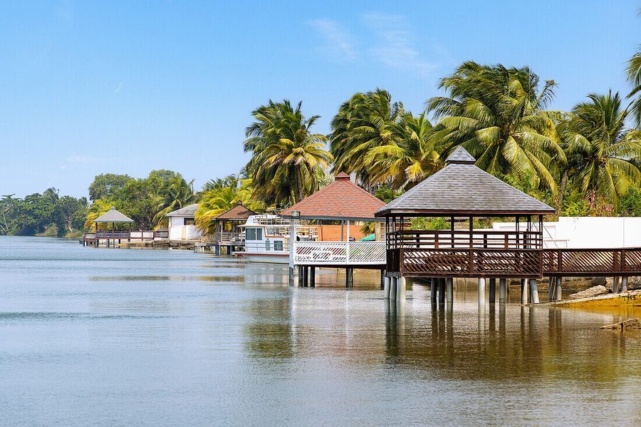 Riverside cottages and gazebo on the Volta River at Ada Foah