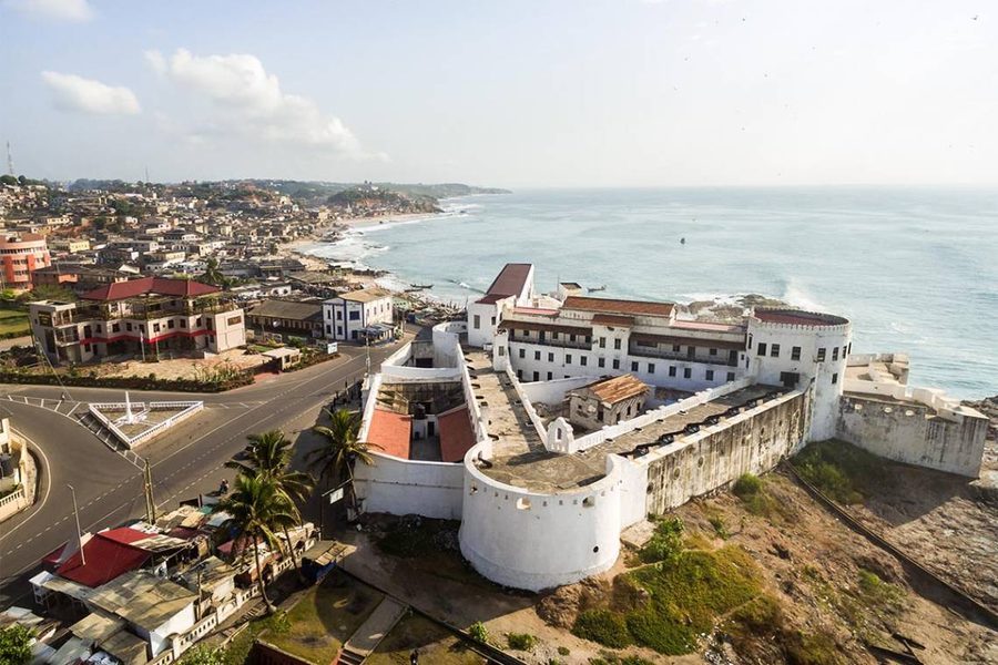 Aerial view of Cape Coast Castle and the Atlantic coastline