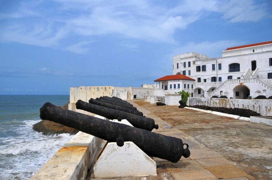 Cannons along the seafront wall of Cape Coast Castle